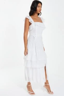 White Chiffon Dobby Tiered Maxi Dress -Dazzle Dresses 00100037314 XS
