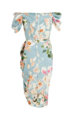 Blue Satin Floral Ruched Midi Dress -Dazzle Dresses 00100037316 ZB