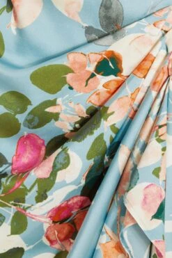 Blue Satin Floral Ruched Midi Dress -Dazzle Dresses 00100037316 ZS