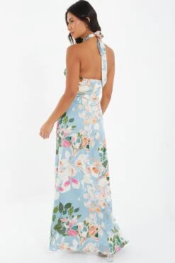 Blue Satin Floral High Neck Maxi Dress -Dazzle Dresses 00100037317 XB