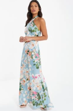 Blue Satin Floral High Neck Maxi Dress -Dazzle Dresses 00100037317 XS