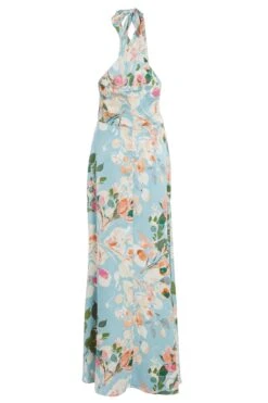 Blue Satin Floral High Neck Maxi Dress -Dazzle Dresses 00100037317 ZB