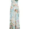 Blue Satin Floral High Neck Maxi Dress
