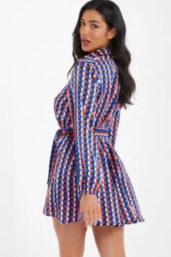 Blue Satin Geometric Mini Shirt Dress -Dazzle Dresses 00100037330 XB