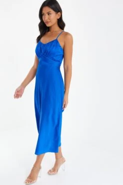 Royal Blue Satin Ruched Midi Dress -Dazzle Dresses 00100037344 XS