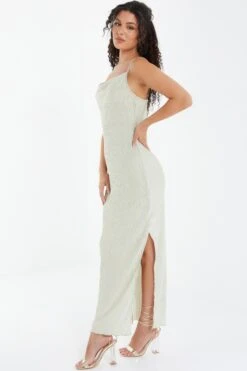 Champagne Plisse Split Maxi Dress -Dazzle Dresses 00100037348 XS