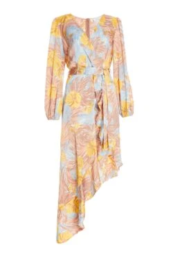 Multicoloured Satin Floral Asymmetric Midi Dress