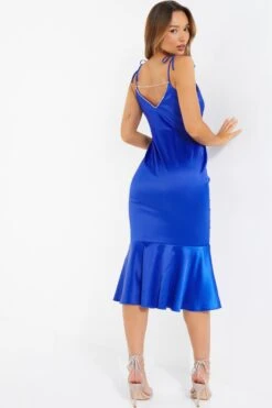Royal Blue Satin Fishtail Midi Dress -Dazzle Dresses 00100037352 XB