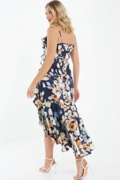 Navy Floral Satin Frill Wrap Midi Dress -Dazzle Dresses 00100037367 XB