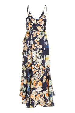 Navy Floral Satin Frill Wrap Midi Dress -Dazzle Dresses 00100037367 ZB
