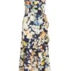 Navy Floral Satin Frill Wrap Midi Dress