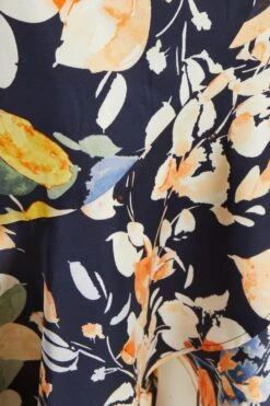 Navy Floral Satin Frill Wrap Midi Dress -Dazzle Dresses 00100037367 ZS