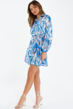 Blue Marble Print Shirt Mini Dress -Dazzle Dresses 00100037368 XS
