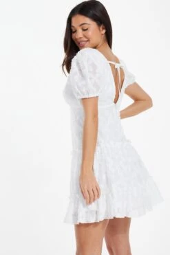 White Chiffon Floral Smock Mini Dress -Dazzle Dresses 00100037383 XB