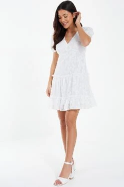 White Chiffon Floral Smock Mini Dress -Dazzle Dresses 00100037383 XS
