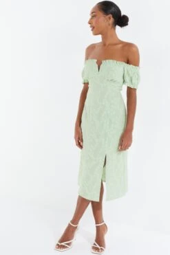 Sage Green Jacquard Bardot Midi Dress -Dazzle Dresses 00100037420 XS