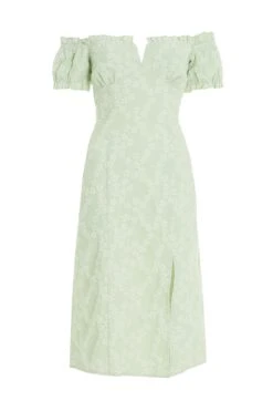 Sage Green Jacquard Bardot Midi Dress