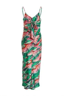 Green Satin Marble Print Tie Back Midi Dress -Dazzle Dresses 00100037433 ZB