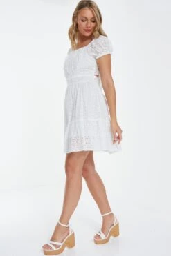 Cream Broderie Tie Back Mini Dress -Dazzle Dresses 00100037440 XS