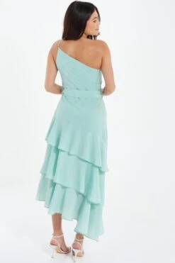 Mint Textured Chiffon One Shoulder Midaxi Dress -Dazzle Dresses 00100037454 XB