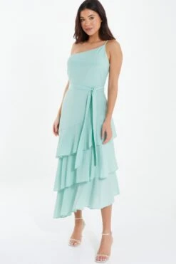 Mint Textured Chiffon One Shoulder Midaxi Dress -Dazzle Dresses 00100037454 XS