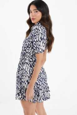 Navy Animal Print Shirt Mini Dress -Dazzle Dresses 00100037456 XB