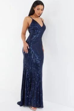 Navy Sequin Fishtail Maxi Dress -Dazzle Dresses 00100037463 XS