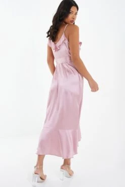 Pink Satin Wrap Frill Midi Dress -Dazzle Dresses 00100037468 XB