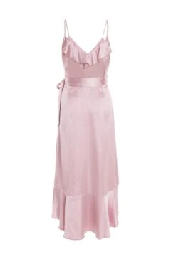 Pink Satin Wrap Frill Midi Dress -Dazzle Dresses 00100037468 ZB