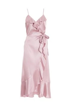 Pink Satin Wrap Frill Midi Dress