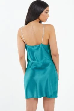 Aqua Blue Diamante Satin Mini Dress -Dazzle Dresses 00100037469 XB