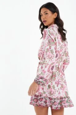 Pink Satin Paisley Print Mini Shirt Dress -Dazzle Dresses 00100037473 XB
