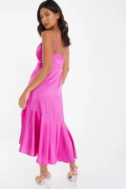 Hot Pink Satin Asymmetric Midi Dress -Dazzle Dresses 00100037474 XB