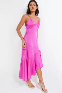 Hot Pink Satin Asymmetric Midi Dress -Dazzle Dresses 00100037474 XS