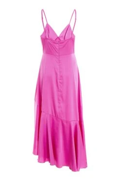 Hot Pink Satin Asymmetric Midi Dress -Dazzle Dresses 00100037474 ZB