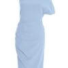 Light Blue One Shoulder Ruched Midi Dress