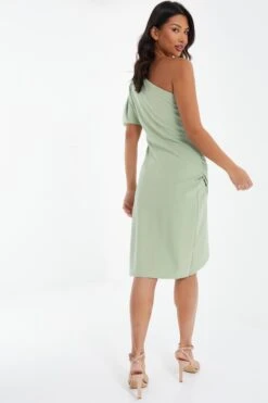 Sage Green One Shoulder Ruched Midi Dress -Dazzle Dresses 00100037478 XB