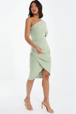 Sage Green One Shoulder Ruched Midi Dress -Dazzle Dresses 00100037478 XS