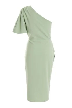Sage Green One Shoulder Ruched Midi Dress -Dazzle Dresses 00100037478 ZB