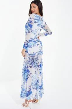 Blue Floral Mesh Maxi Dress -Dazzle Dresses 00100037489 XB
