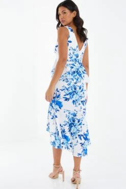 Blue Floral Dip Hem Frill Midi Dress -Dazzle Dresses 00100037491 XB