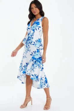 Blue Floral Dip Hem Frill Midi Dress -Dazzle Dresses 00100037491 XS