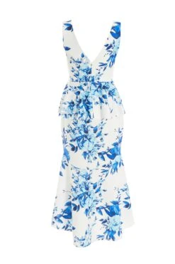 Blue Floral Dip Hem Frill Midi Dress -Dazzle Dresses 00100037491 ZB