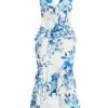 Blue Floral Dip Hem Frill Midi Dress
