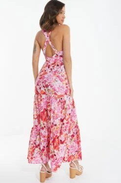 Pink Floral Cross Front Maxi Dress -Dazzle Dresses 00100037501 XB