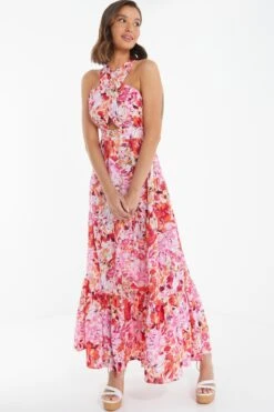 Pink Floral Cross Front Maxi Dress -Dazzle Dresses 00100037501 XS