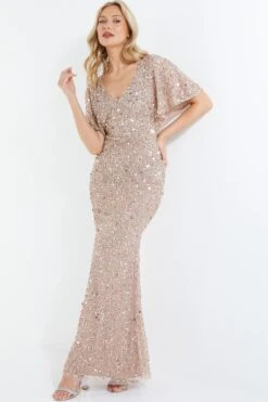 Taupe Sequin Batwing Maxi Dress -Dazzle Dresses 00100037505 XS