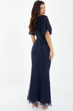 Navy Sequin Batwing Maxi Dress -Dazzle Dresses 00100037506 XB