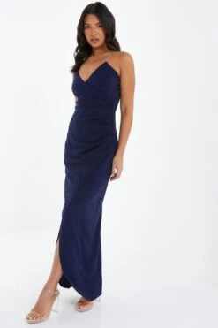 Navy Diamante Wrap Maxi Dress -Dazzle Dresses 00100037574 XS