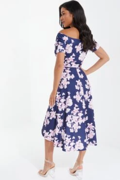 Navy Floral Bardot Dip Hem Midi Dress -Dazzle Dresses 00100037576 XB